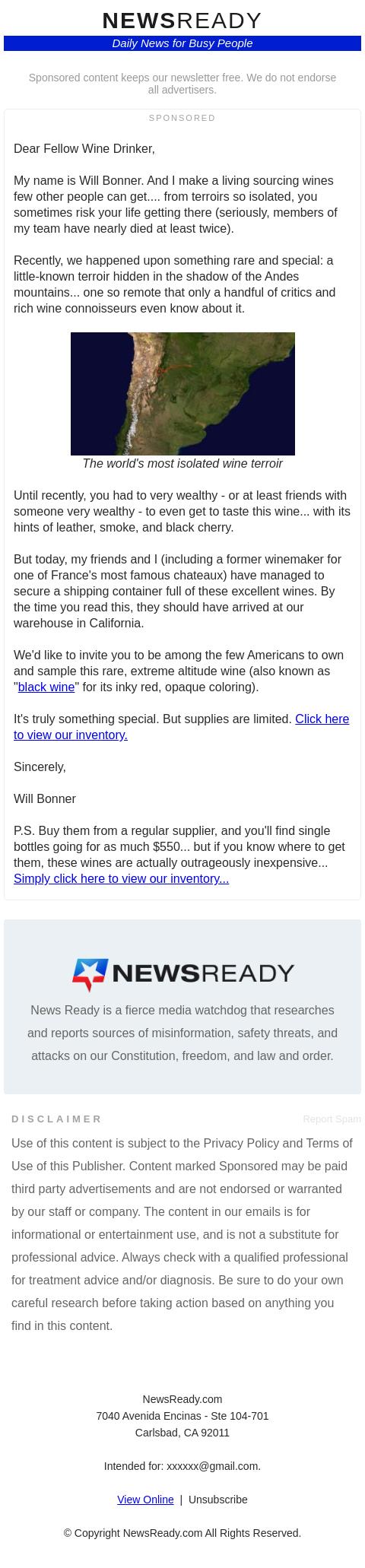 Screenshot of the email generated on import