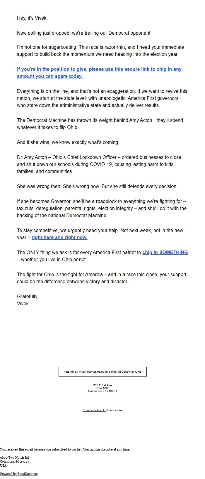 Screenshot of the email generated on import