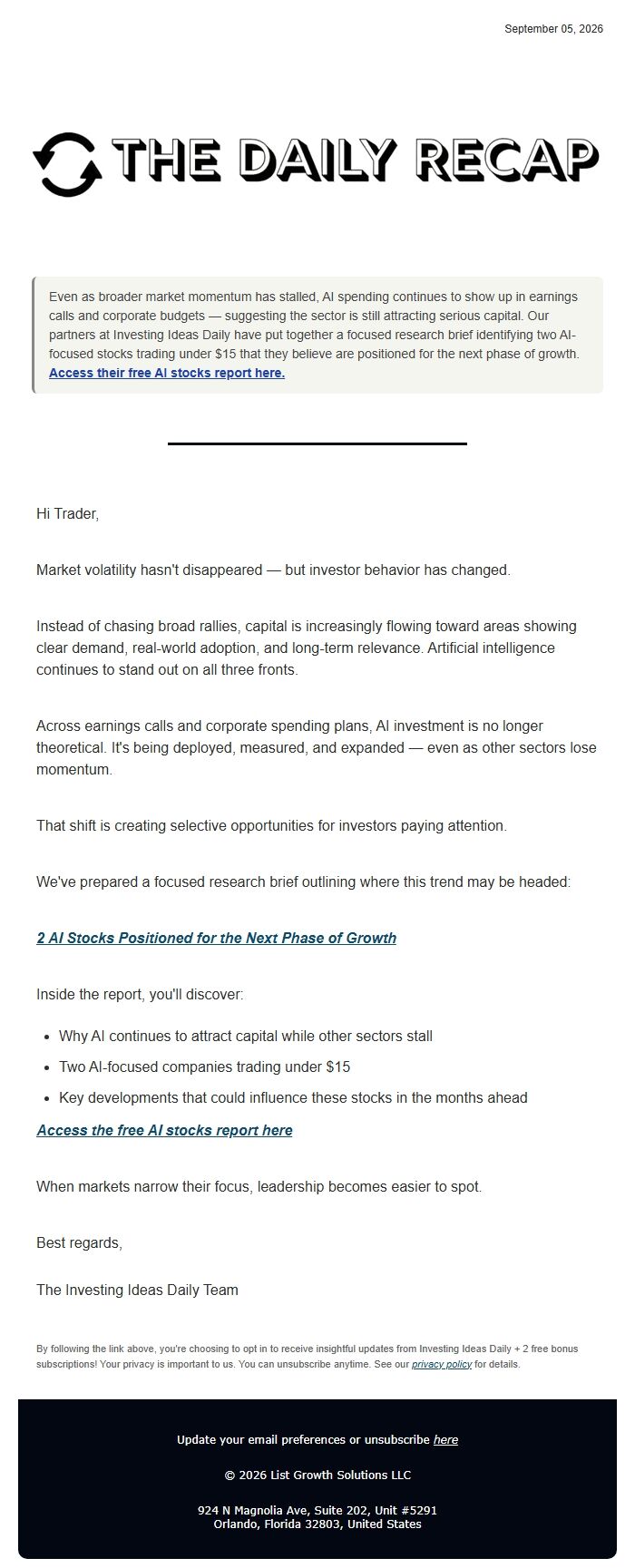 Screenshot of the email generated on import