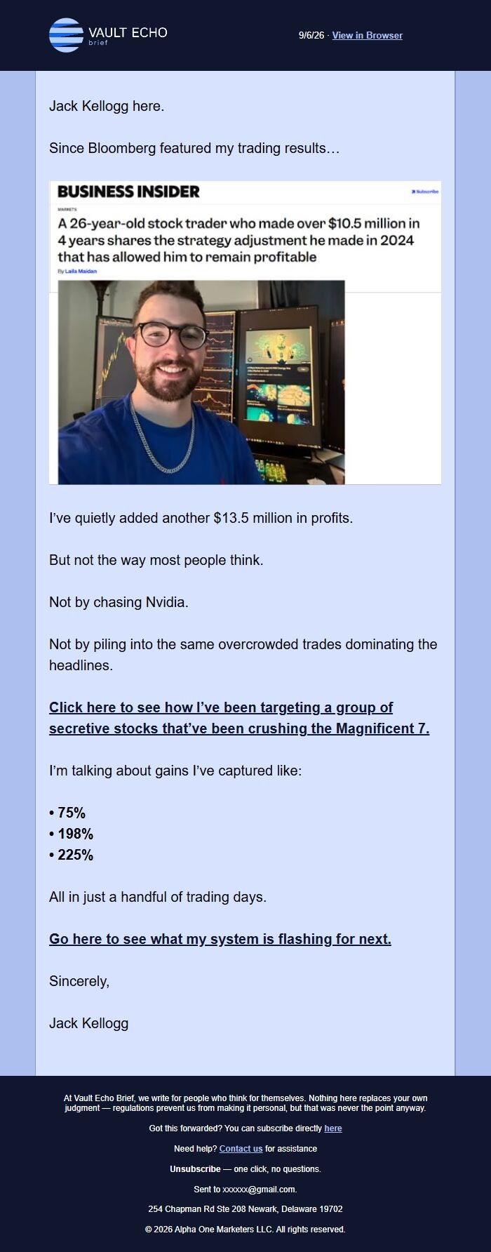 Screenshot of the email generated on import