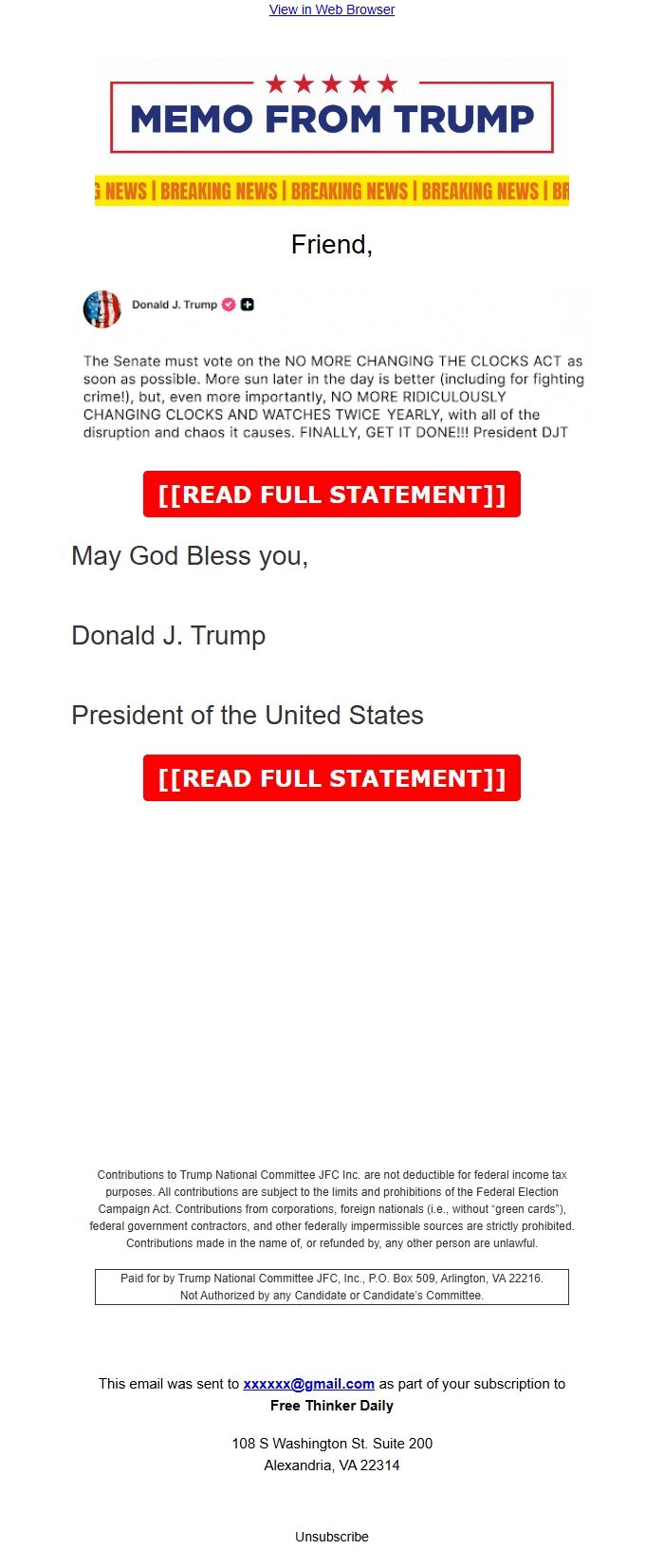 Screenshot of the email generated on import