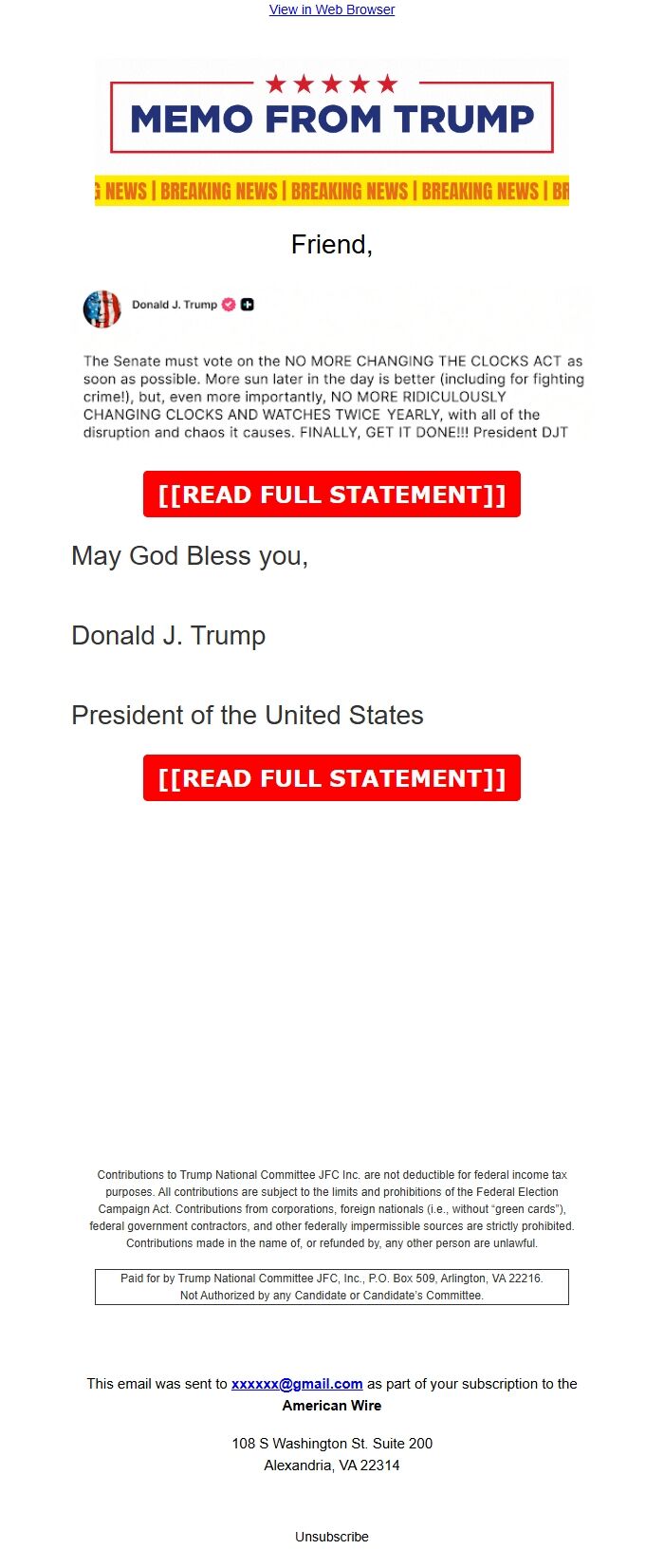 Screenshot of the email generated on import