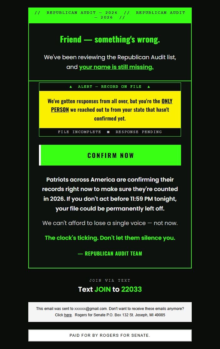 Screenshot of the email generated on import
