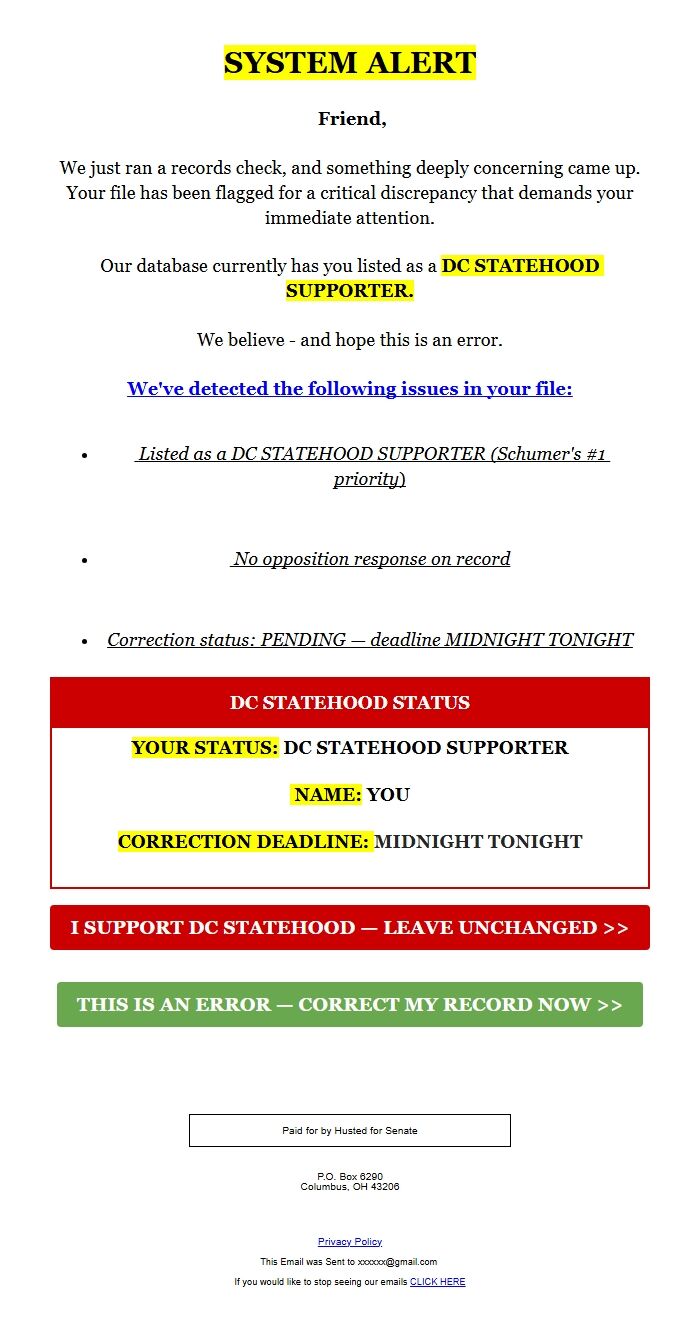 Screenshot of the email generated on import