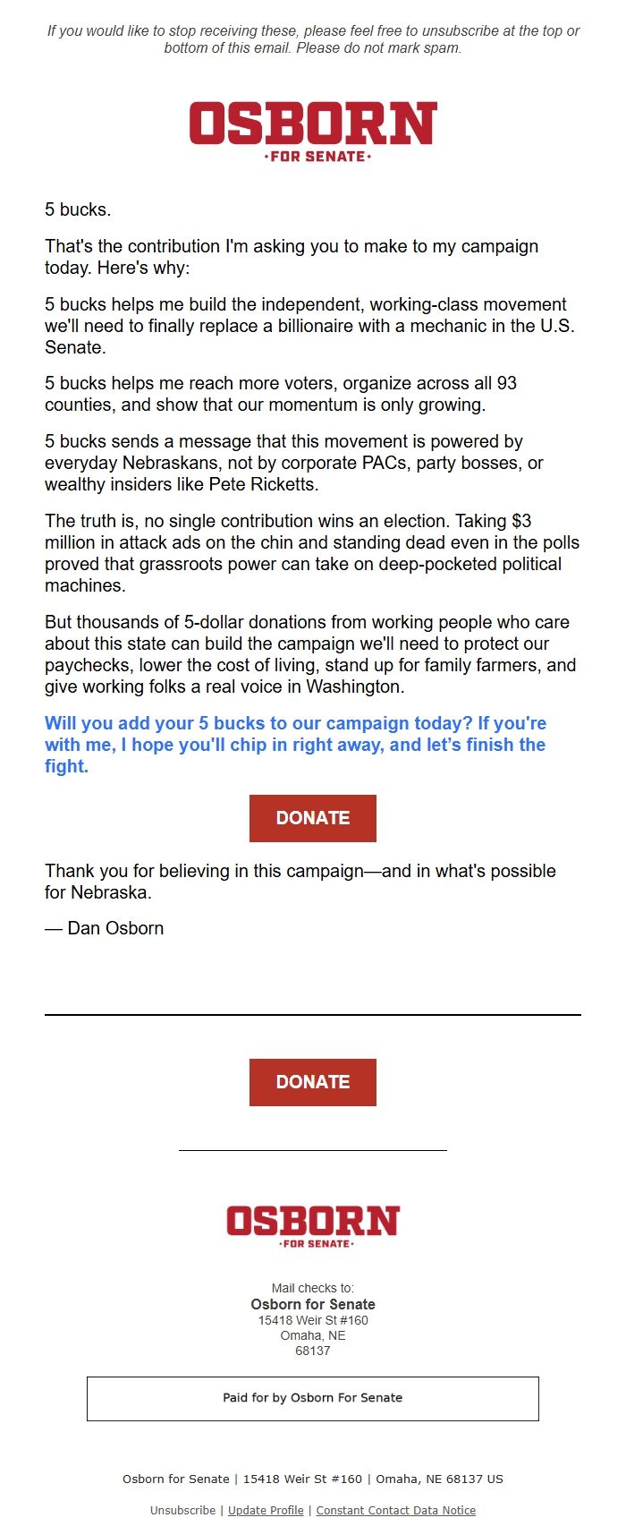 Screenshot of the email generated on import