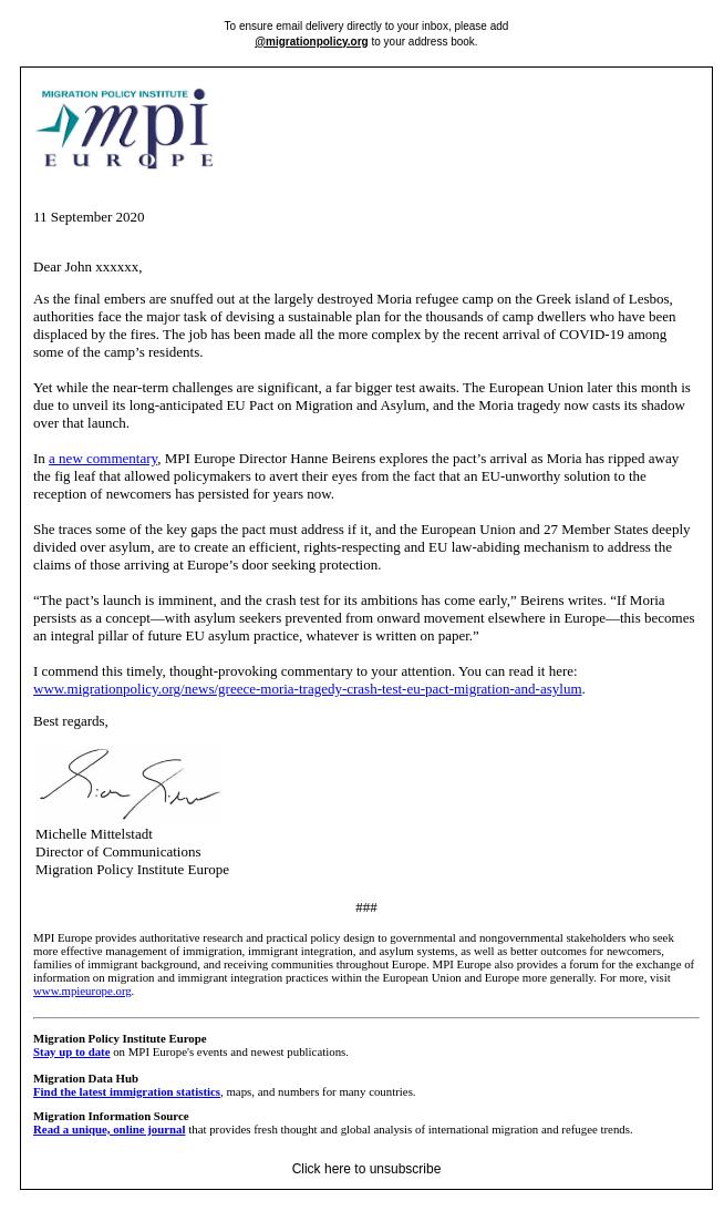 Screenshot of the email generated on import