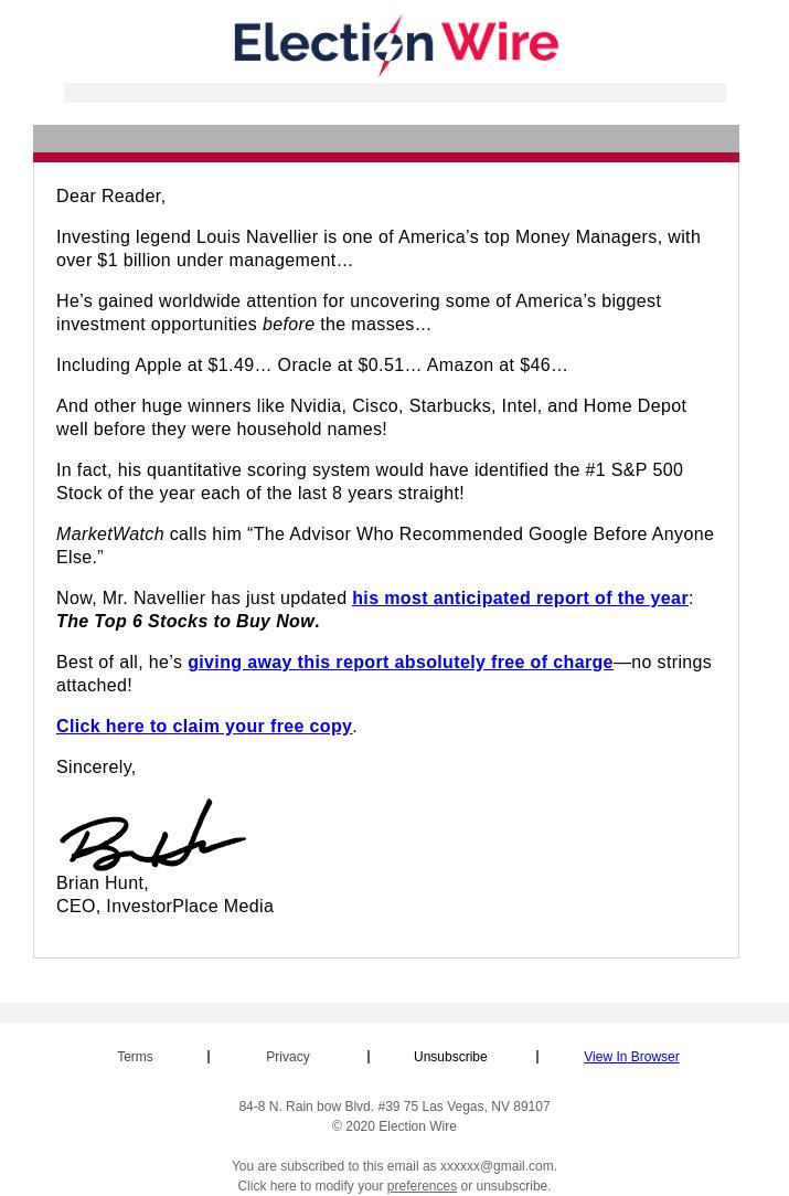 Screenshot of the email generated on import