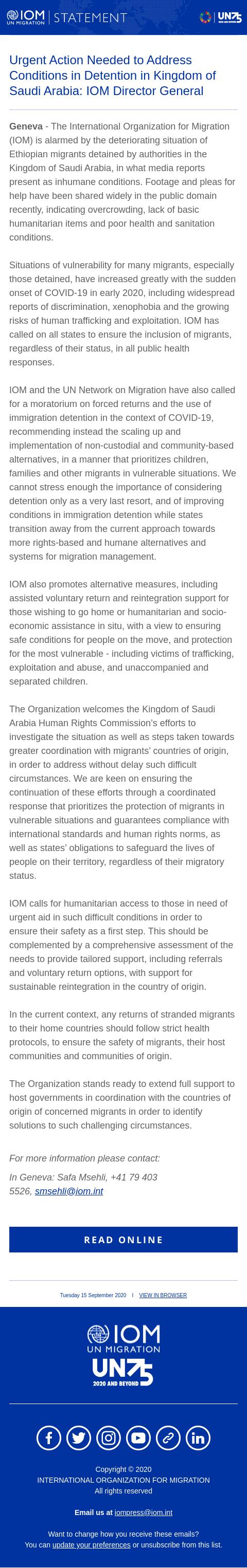 Screenshot of the email generated on import