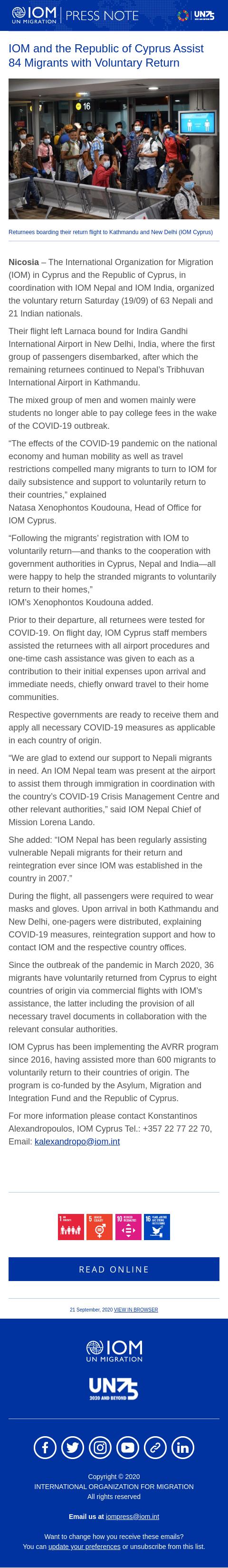 Screenshot of the email generated on import