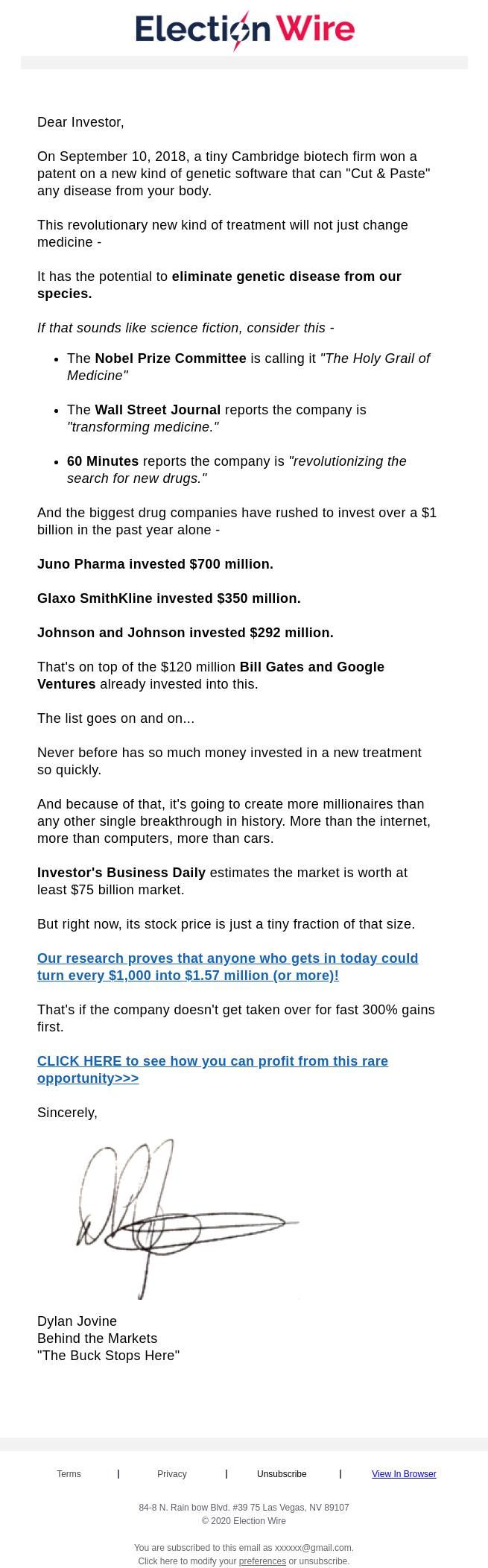 Screenshot of the email generated on import