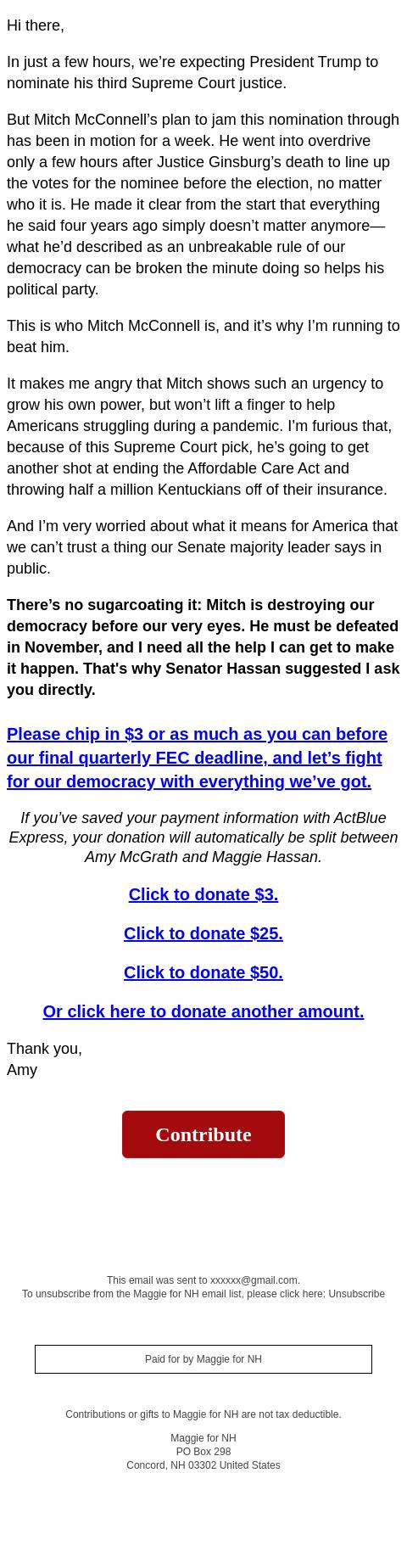 Screenshot of the email generated on import