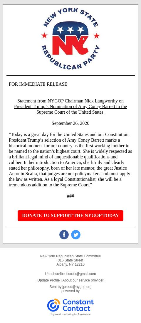 Screenshot of the email generated on import