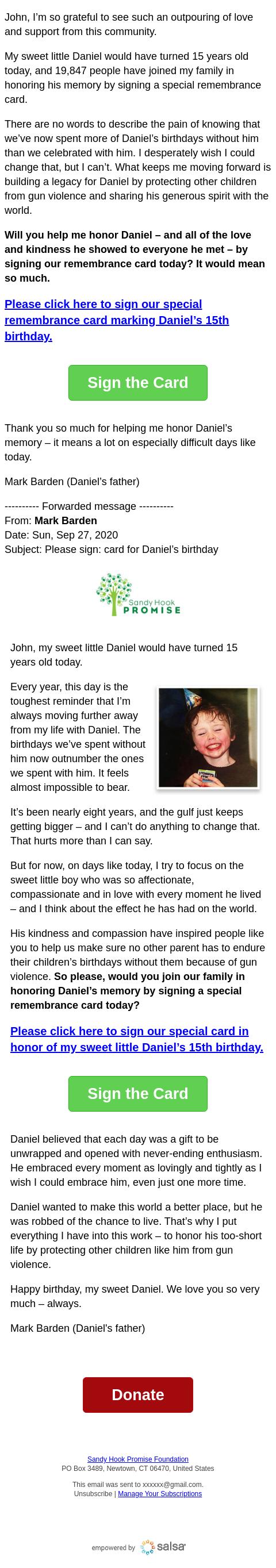 Screenshot of the email generated on import