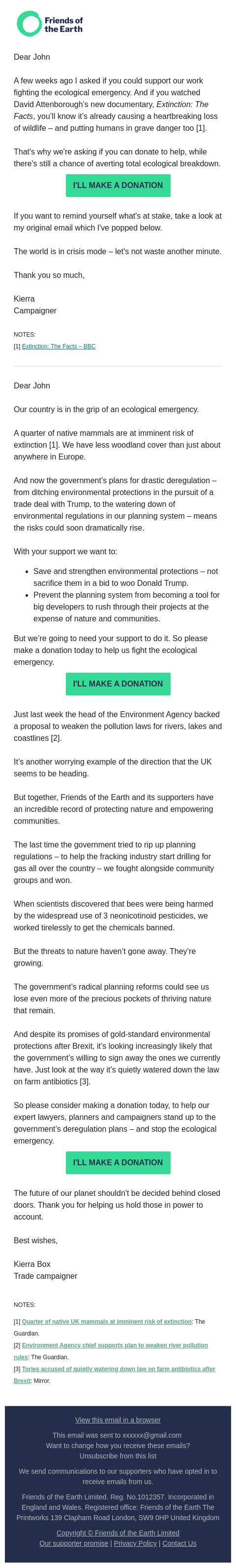 Screenshot of the email generated on import