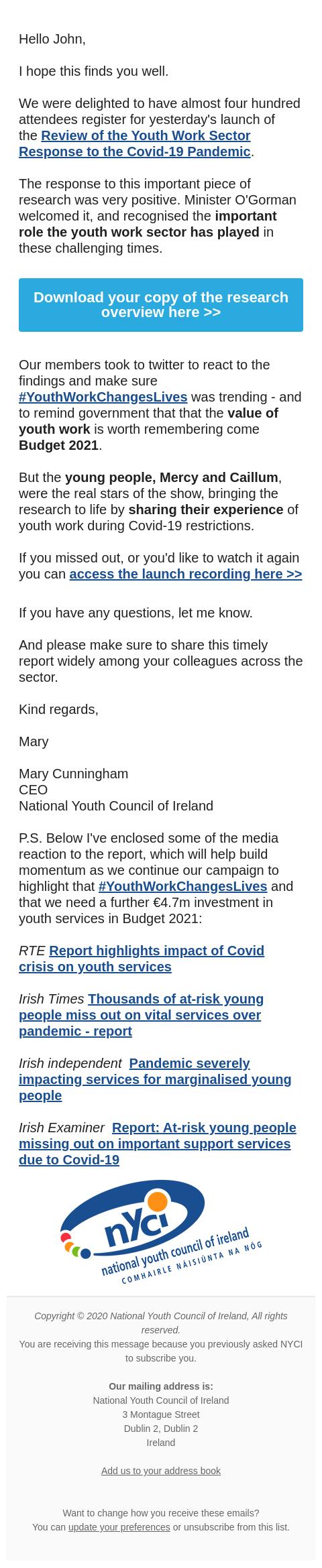 Screenshot of the email generated on import