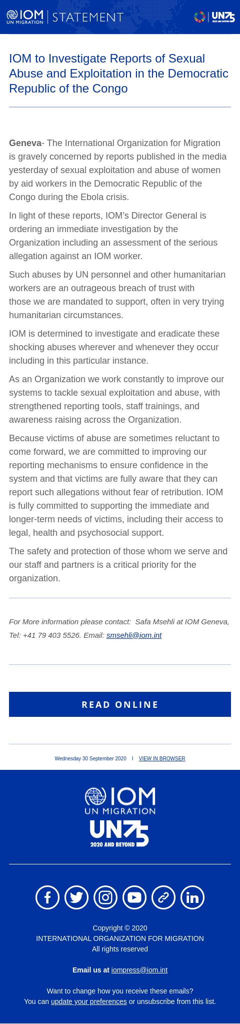 Screenshot of the email generated on import