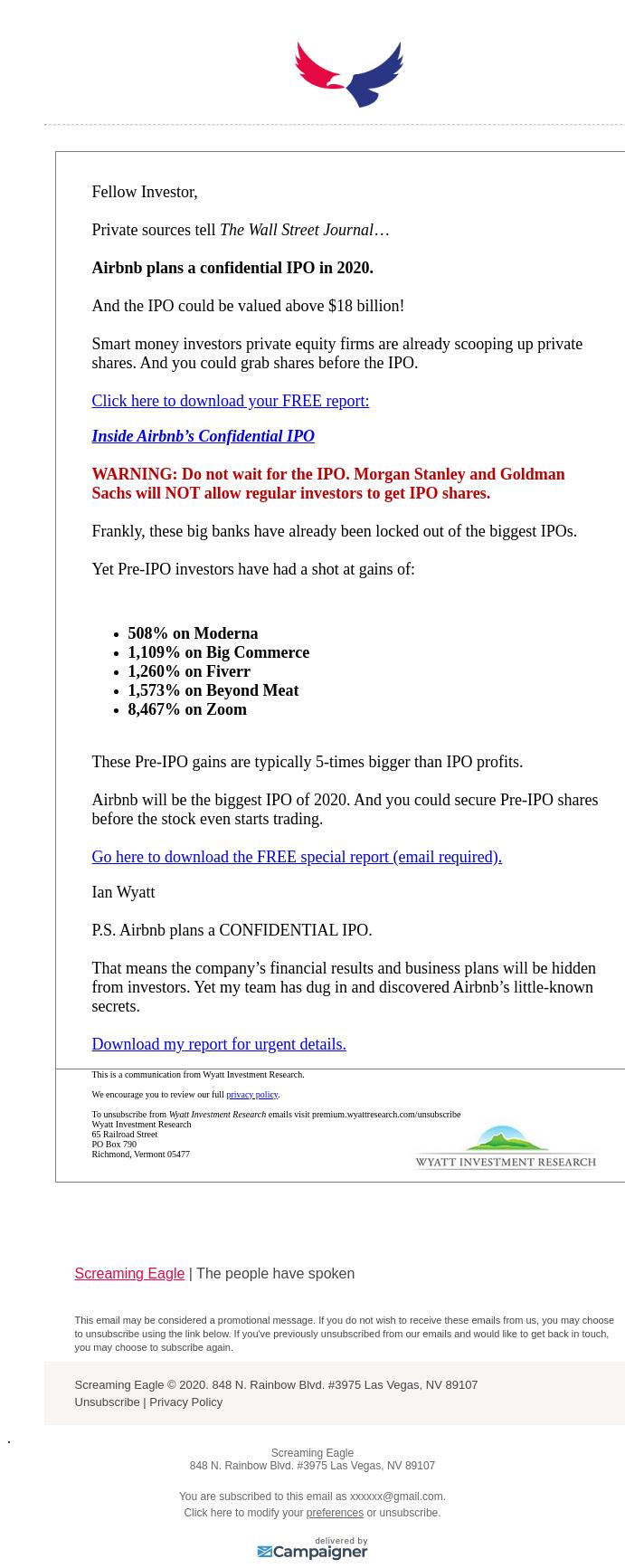 Screenshot of the email generated on import