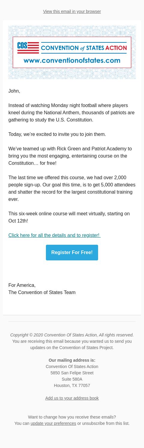 Screenshot of the email generated on import