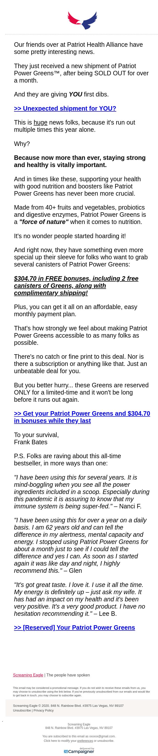 Screenshot of the email generated on import