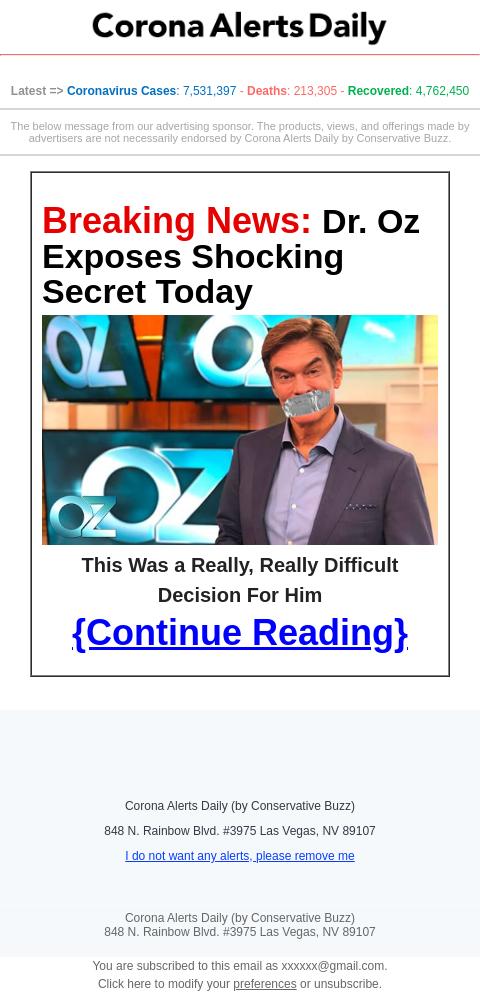 Screenshot of the email generated on import