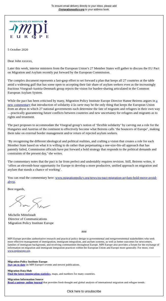 Screenshot of the email generated on import