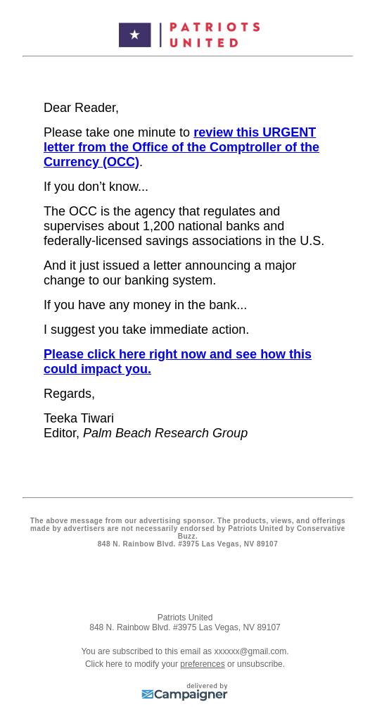 Screenshot of the email generated on import
