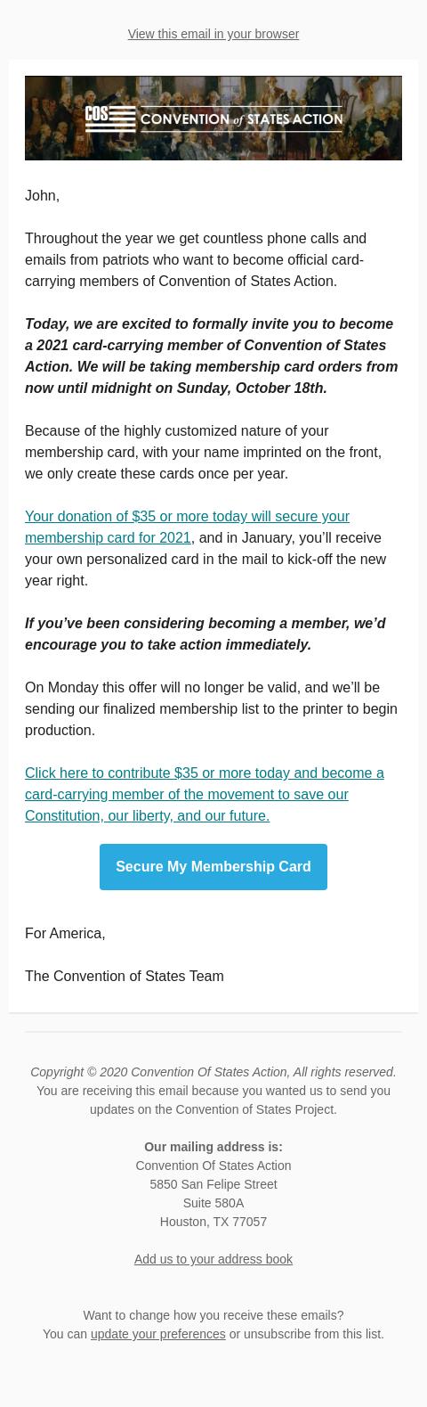 Screenshot of the email generated on import