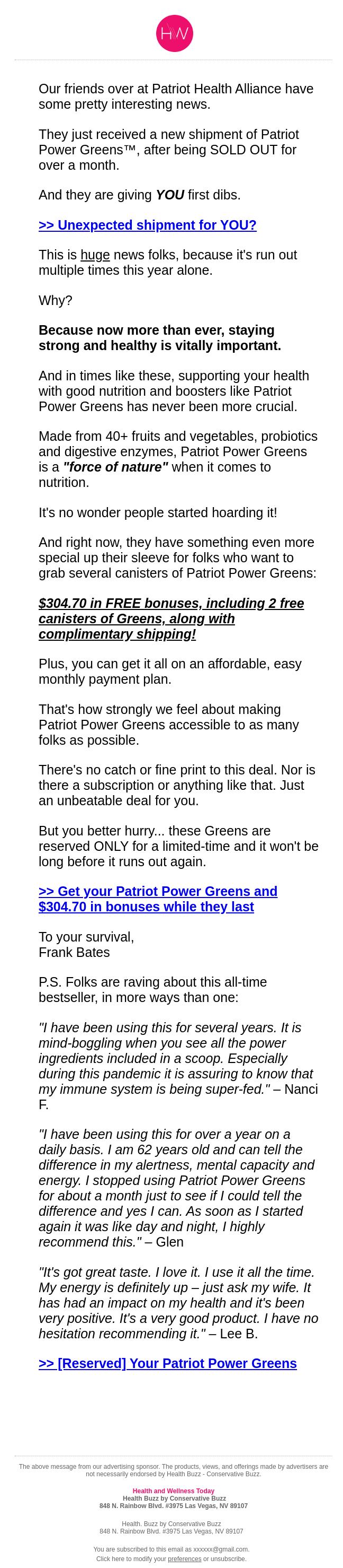 Screenshot of the email generated on import