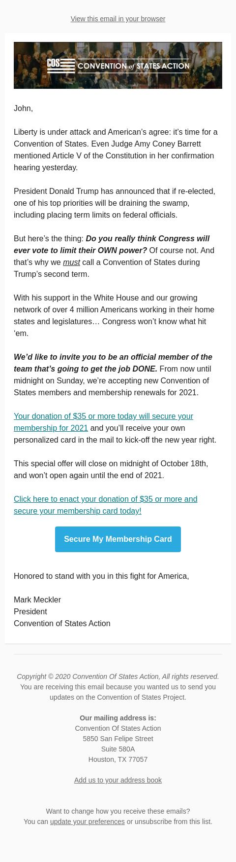 Screenshot of the email generated on import