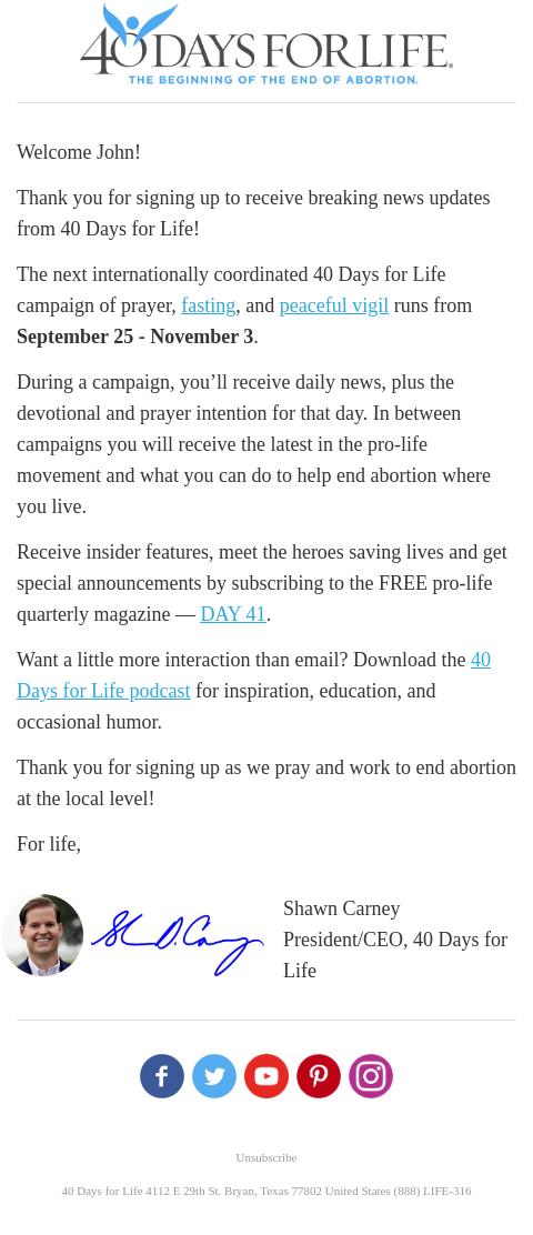 Screenshot of the email generated on import