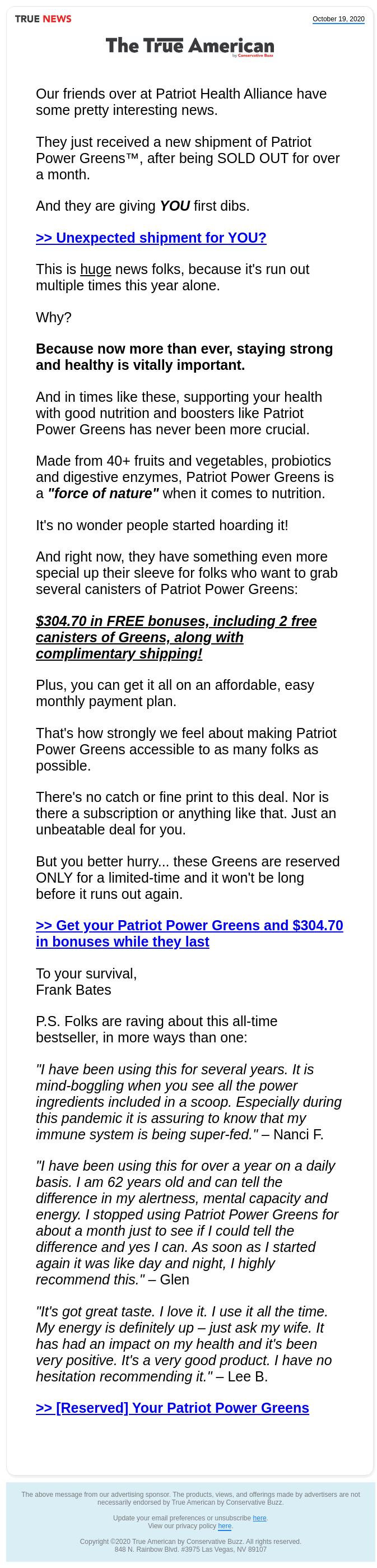 Screenshot of the email generated on import
