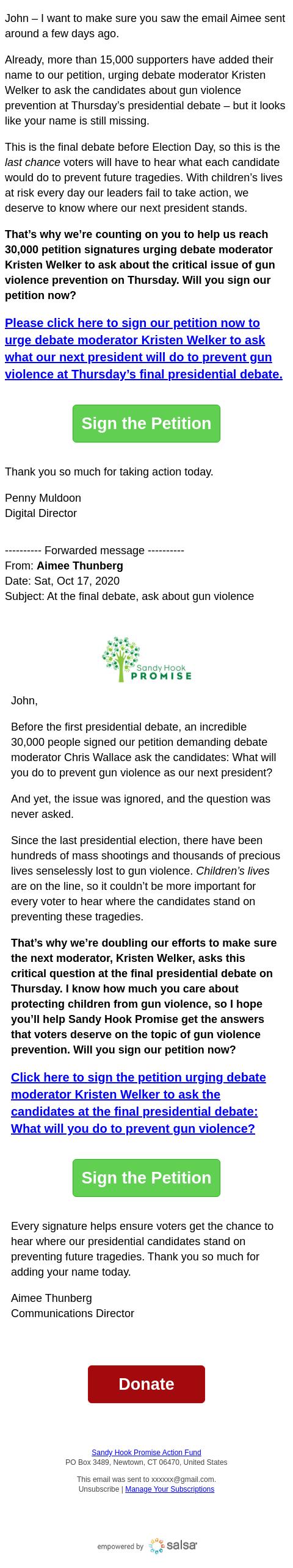 Screenshot of the email generated on import