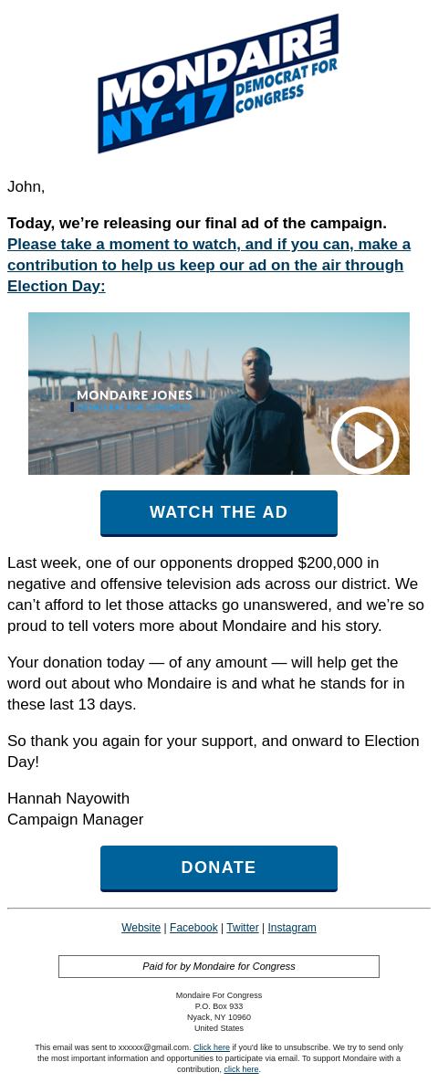 Screenshot of the email generated on import