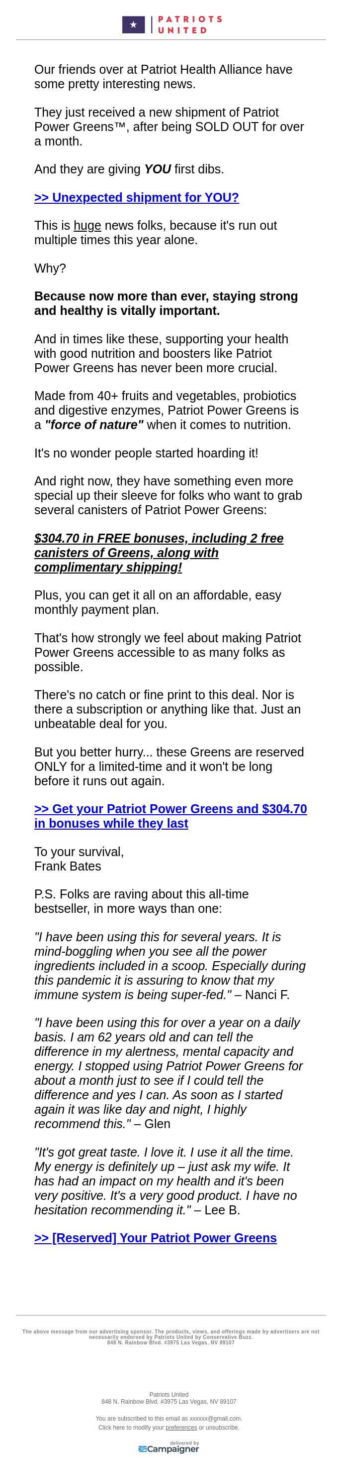 Screenshot of the email generated on import