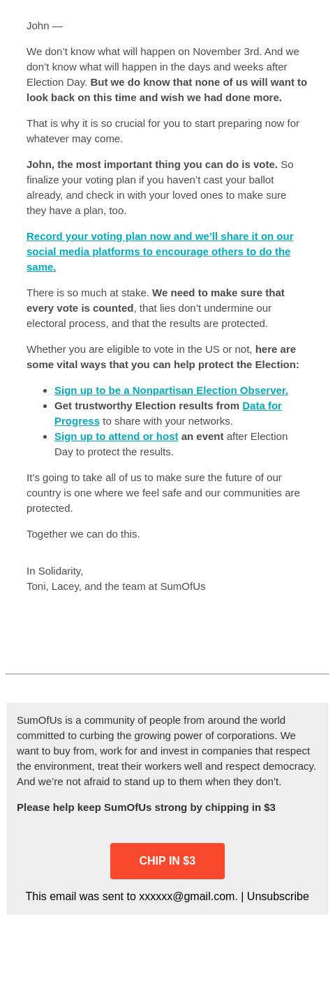 Screenshot of the email generated on import