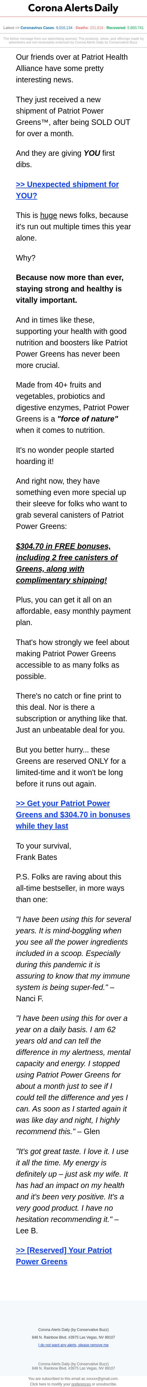 Screenshot of the email generated on import