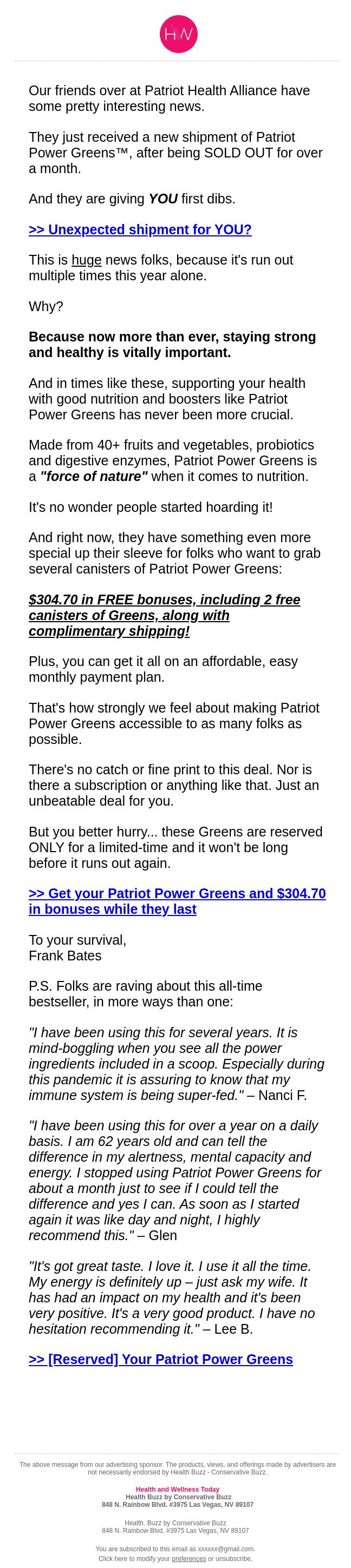 Screenshot of the email generated on import