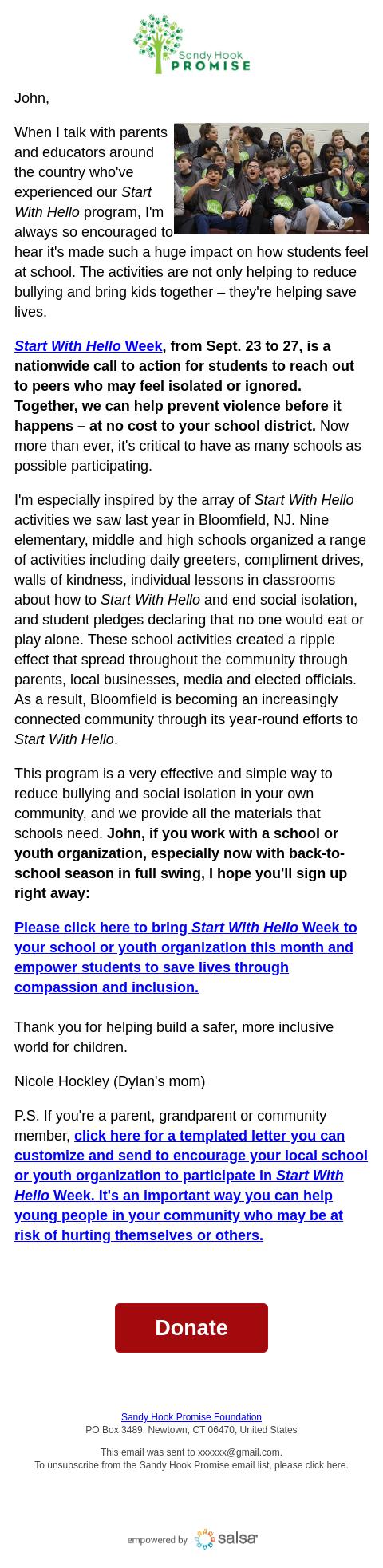 Screenshot of the email generated on import