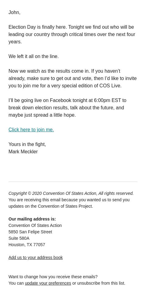 Screenshot of the email generated on import