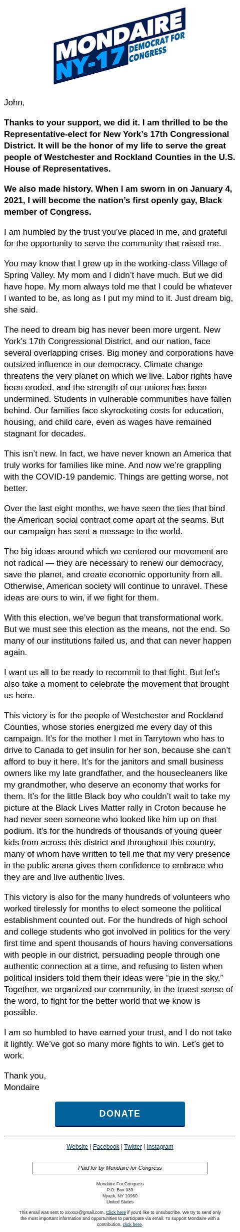 Screenshot of the email generated on import