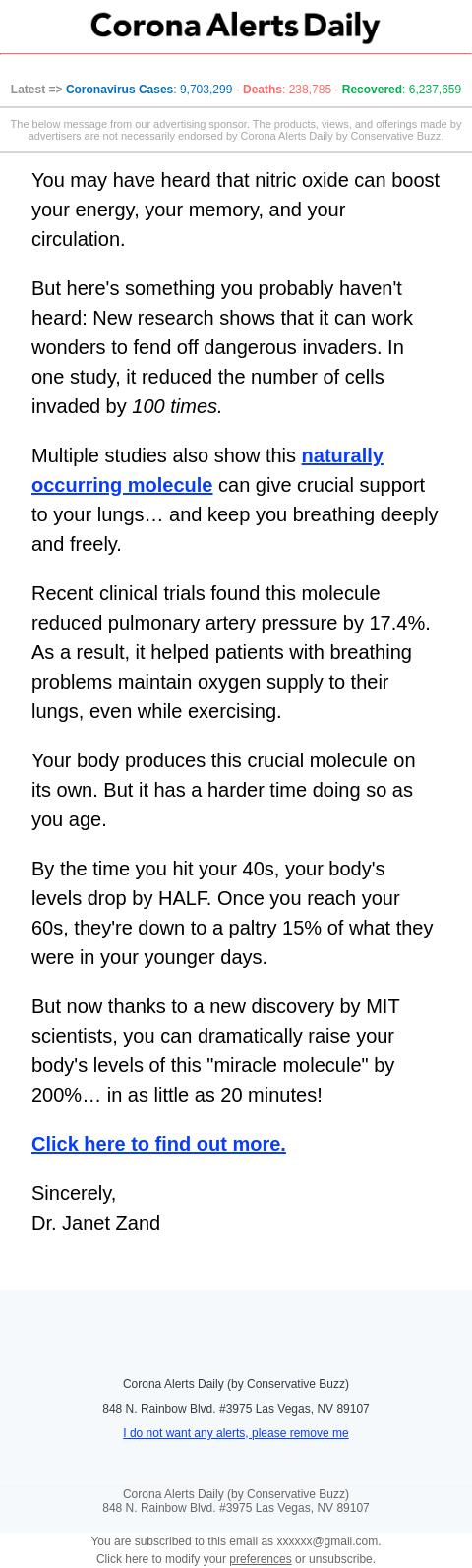Screenshot of the email generated on import