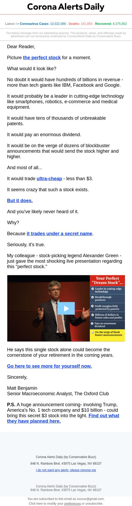 Screenshot of the email generated on import