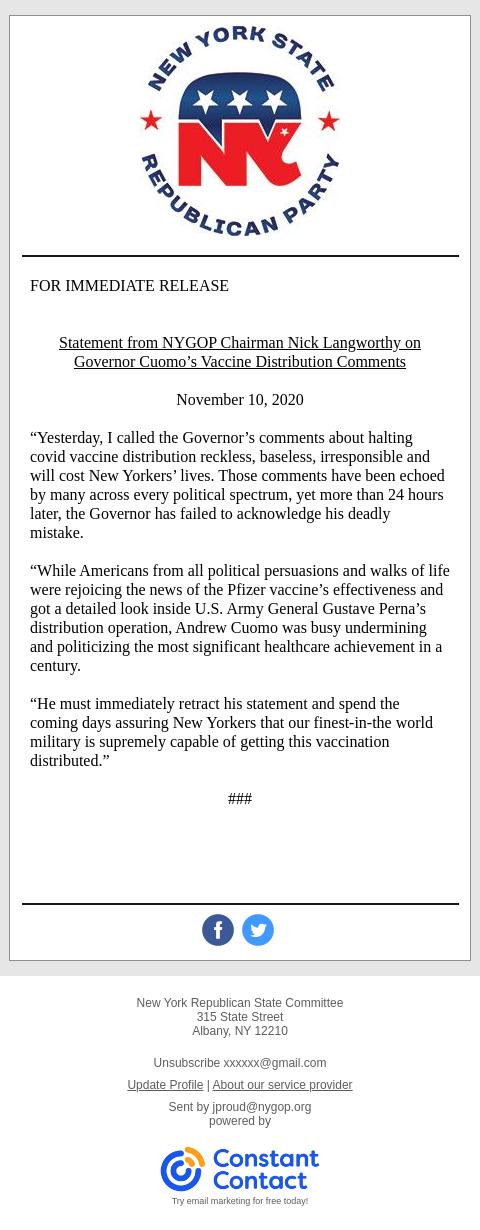 Screenshot of the email generated on import