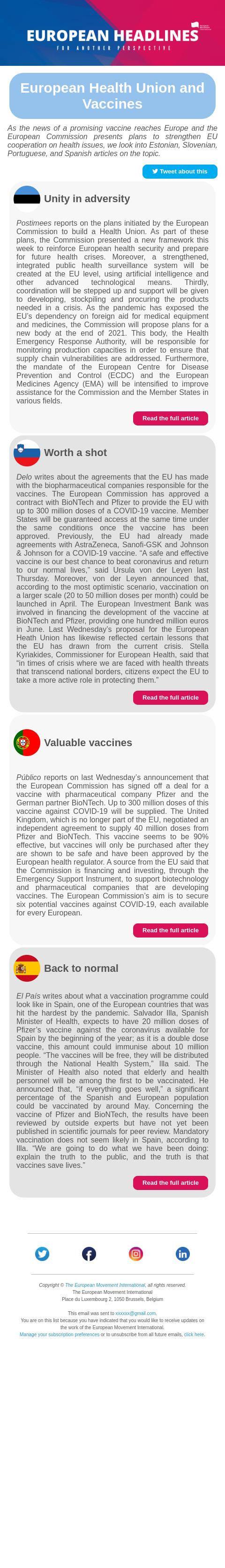 Screenshot of the email generated on import