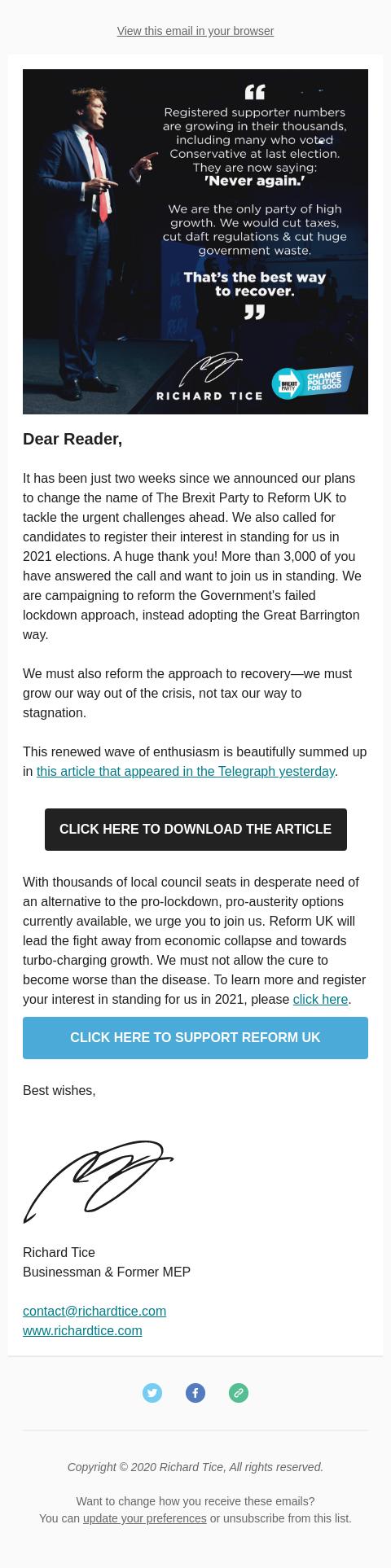 Screenshot of the email generated on import
