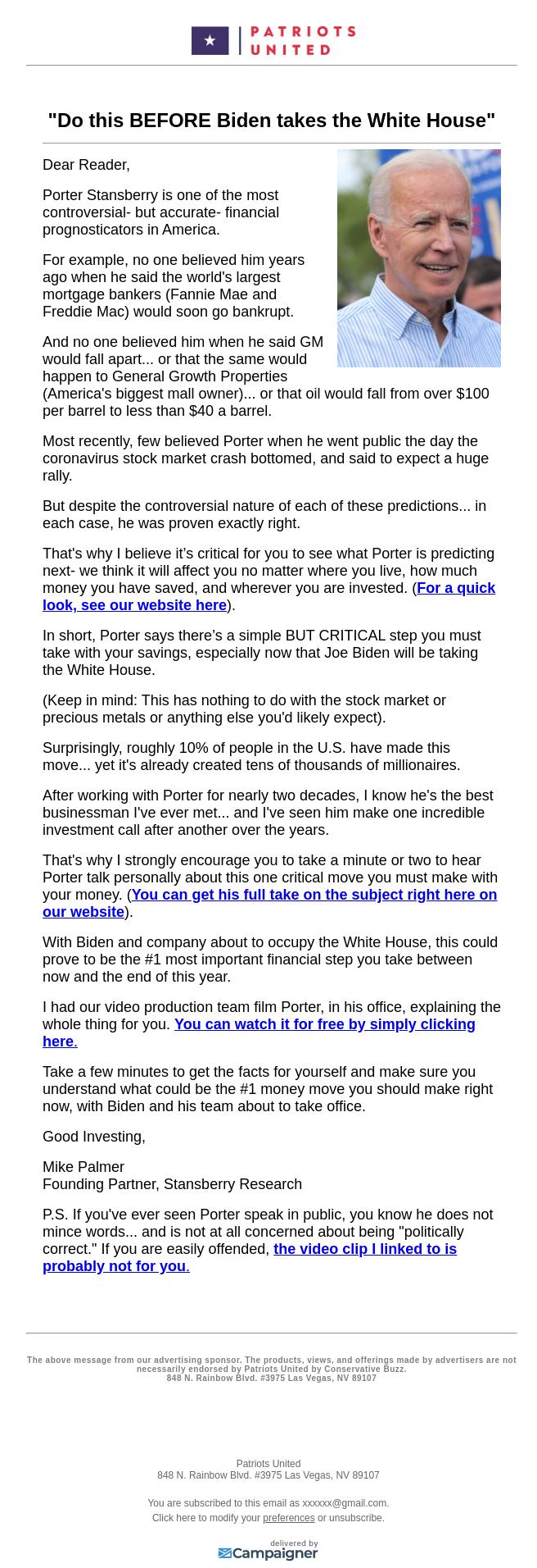 Screenshot of the email generated on import