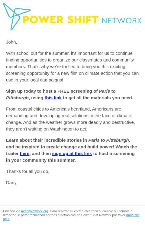Screenshot of the email generated on import
