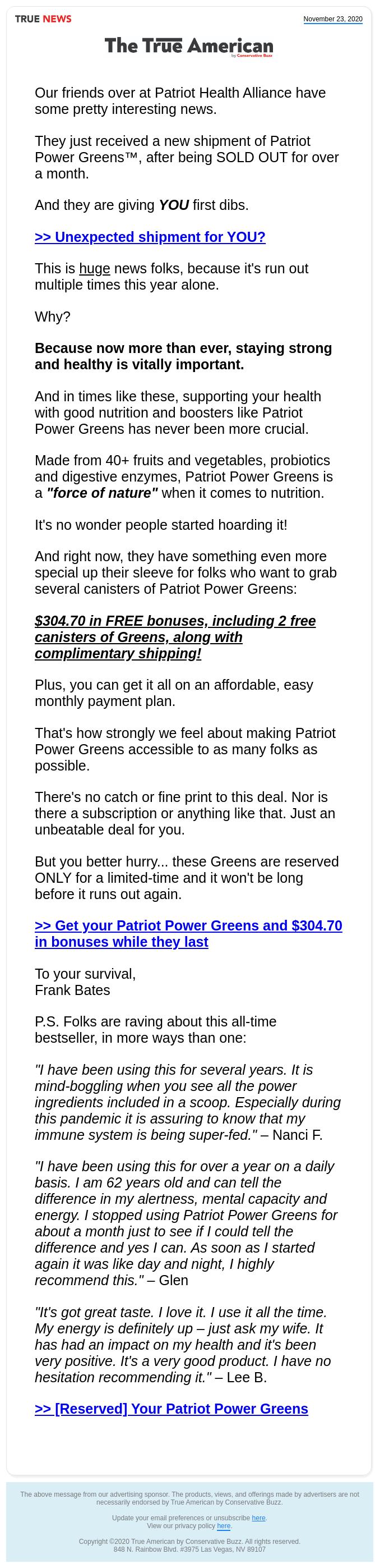 Screenshot of the email generated on import