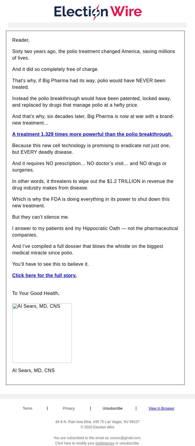 Screenshot of the email generated on import