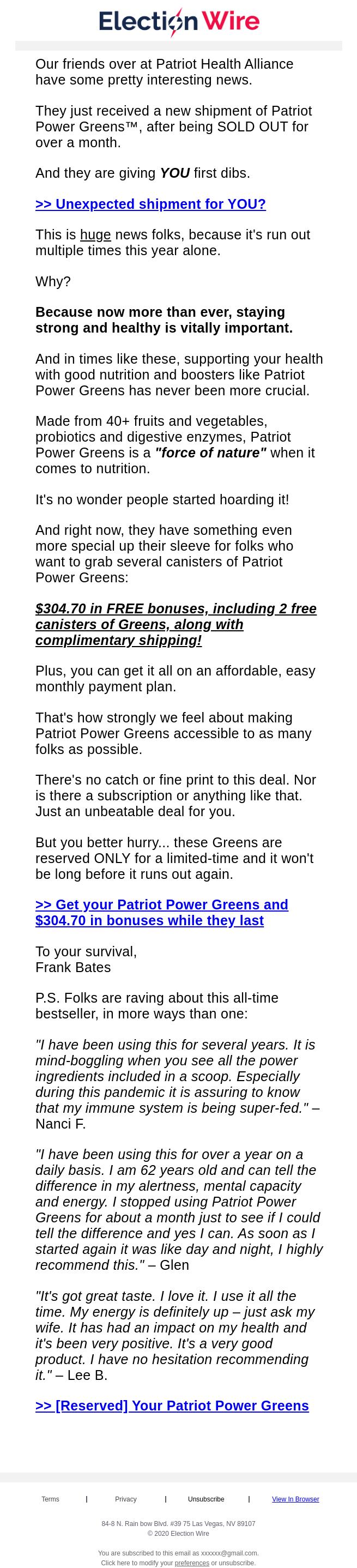 Screenshot of the email generated on import
